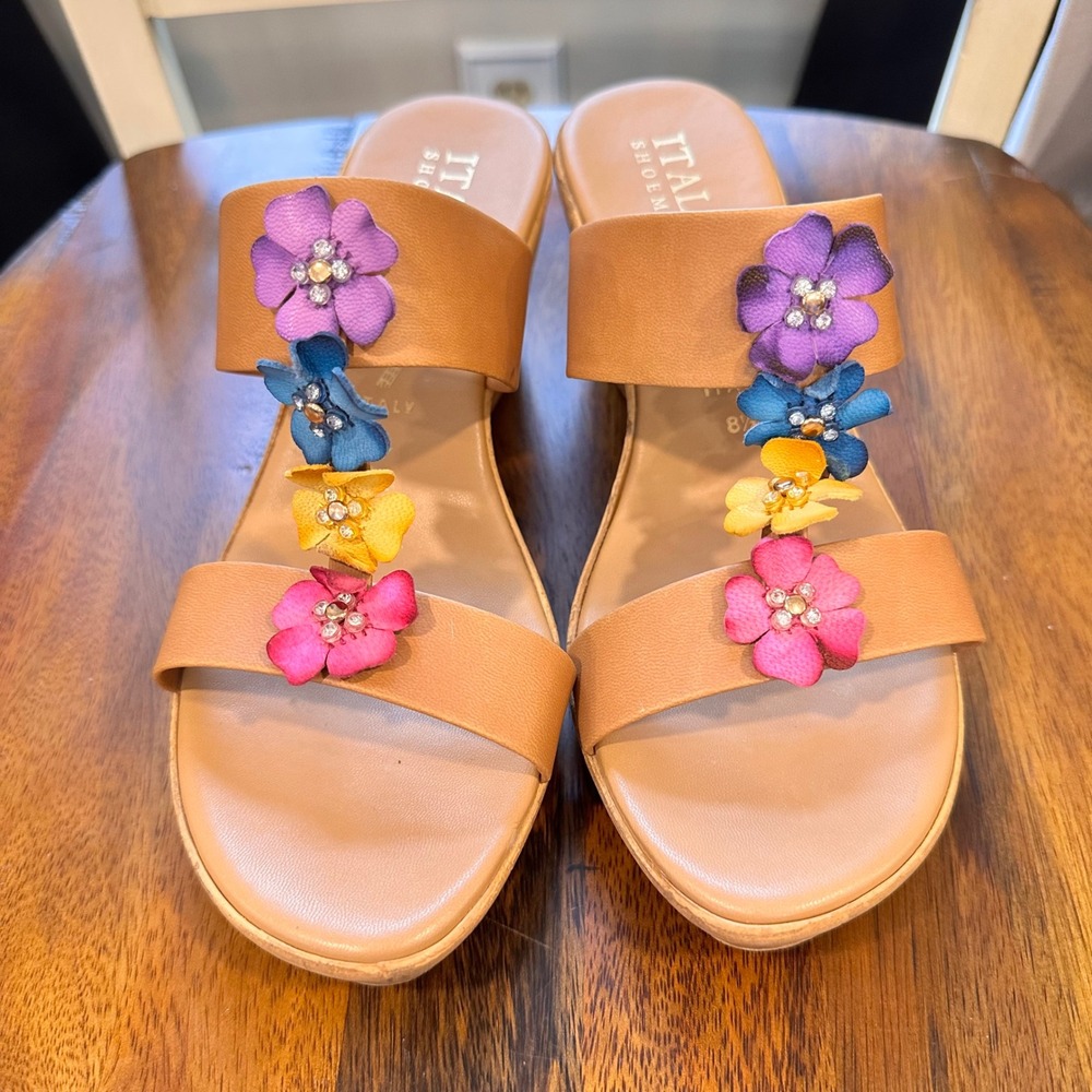 Italian Shoemakers Wedge Sandals Women Tan Floral Rhinestone Cork Slide 8.5 - Picture 4 of 8